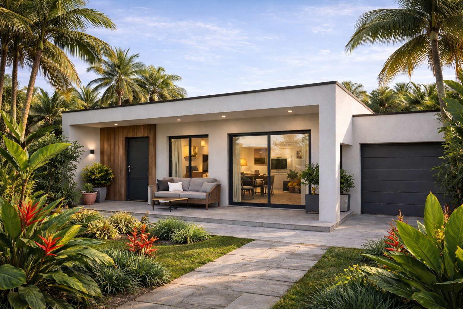 Vue extérieure réaliste d’un appartement T1 moderne de plain-pied, aux lignes épurées et matériaux contemporains, entouré d’une végétation tropicale luxuriante à Libreville, Gabon. Une architecture sobre, chaleureuse et parfaitement intégrée à son environnement.