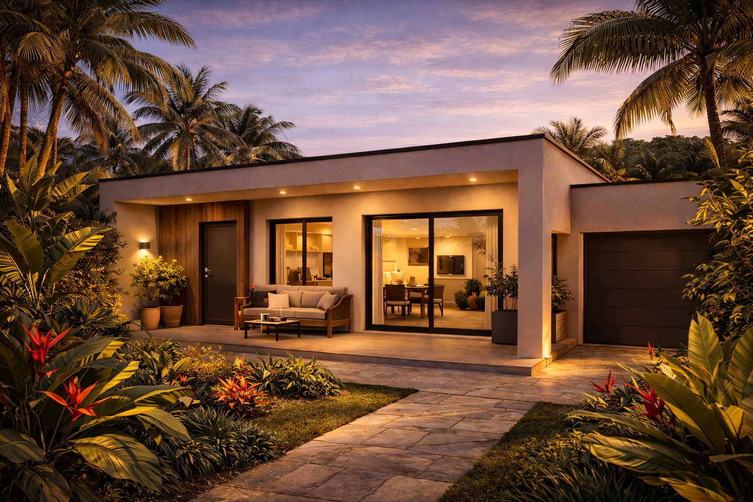 Photographie extérieure réaliste d’un appartement T1 contemporain avec terrasse, façade élégante et éclairage chaleureux, implanté dans un environnement tropical luxuriant à Libreville, Gabon. Une conception architecturale fonctionnelle et premium.