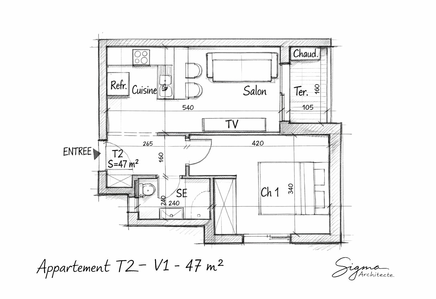 Plan architectural manuscrit d’un appartement T2 de 47 m², dessiné dans un style croquis d’architecte, présentant l’entrée, la cuisine ouverte, le salon, la chambre, la salle d’eau et la terrasse, fidèle au plan original.