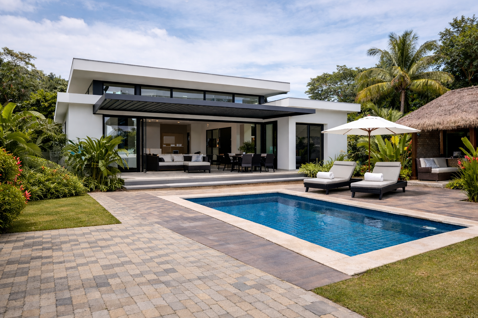 Photographie d’une villa contemporaine haut de gamme au Gabon, aux lignes modernes et épurées, intégrée dans un environnement tropical avec piscine extérieure, terrasse ouverte et végétation luxuriante, illustrant un projet immobilier premium conçu pour le confort et la durabilité.