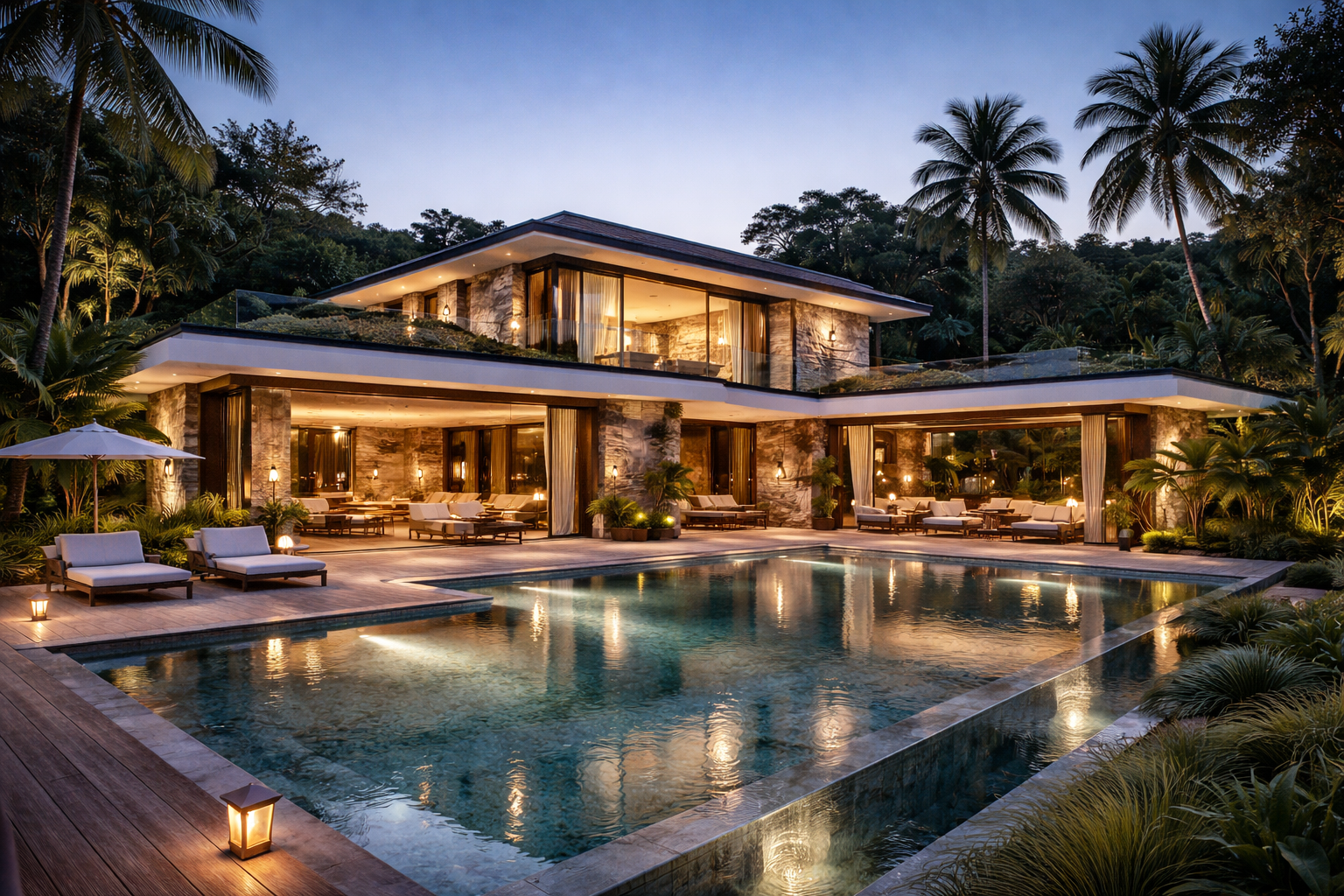 Photographie d’une villa contemporaine de standing premium, ouverte sur la nature tropicale, avec volumes horizontaux, matériaux naturels, larges baies vitrées et piscine centrale, illustrant une architecture élégante, durable et pensée pour le climat gabonais.
