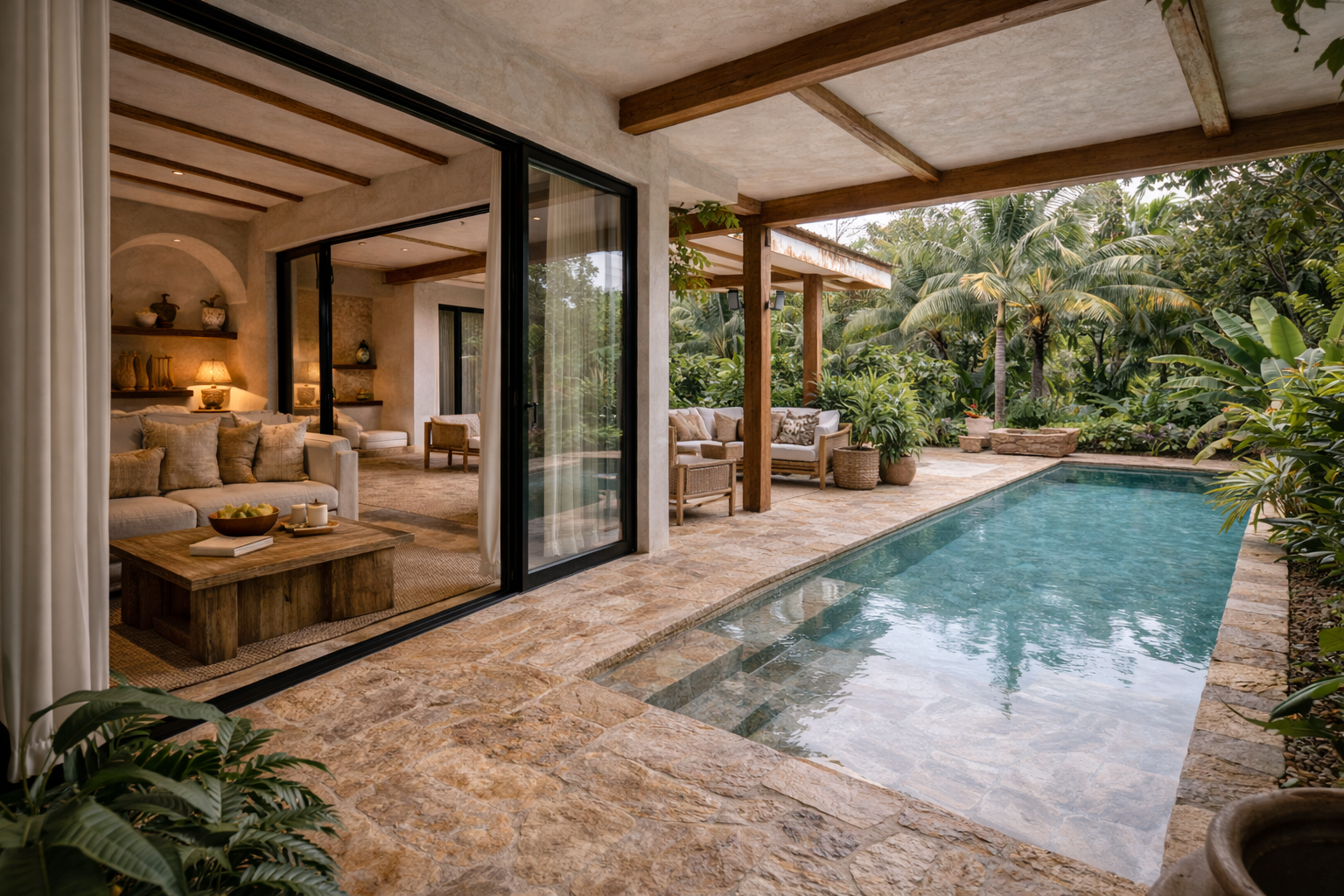 Espace intérieur-extérieur de villa de luxe avec piscine privée, matériaux naturels, salon ouvert sur la terrasse et architecture bioclimatique en milieu tropical.