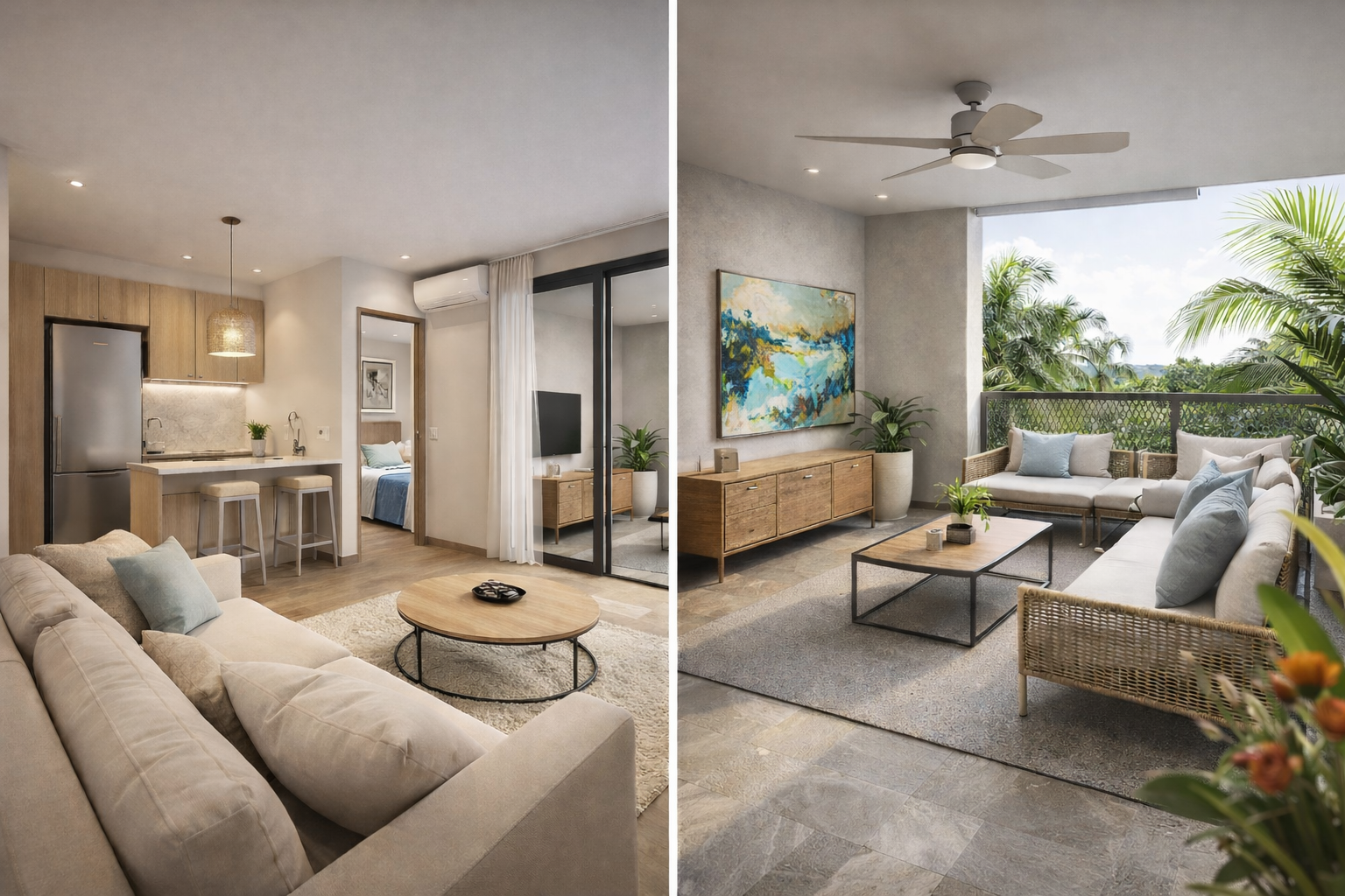 Diptyque photographique horizontal en architecture d’intérieur, présentant un appartement T2 haut de gamme. À gauche, un espace de vie lumineux avec cuisine ouverte et salon contemporain ; à droite, une terrasse extérieure élégamment aménagée, intégrant un grand tableau de peinture contemporaine sur le mur extérieur, des assises modernes et une végétation tropicale. Ensemble conçu pour illustrer la continuité entre intérieur et extérieur, dans un cadre luxueux adapté au climat de Libreville.
