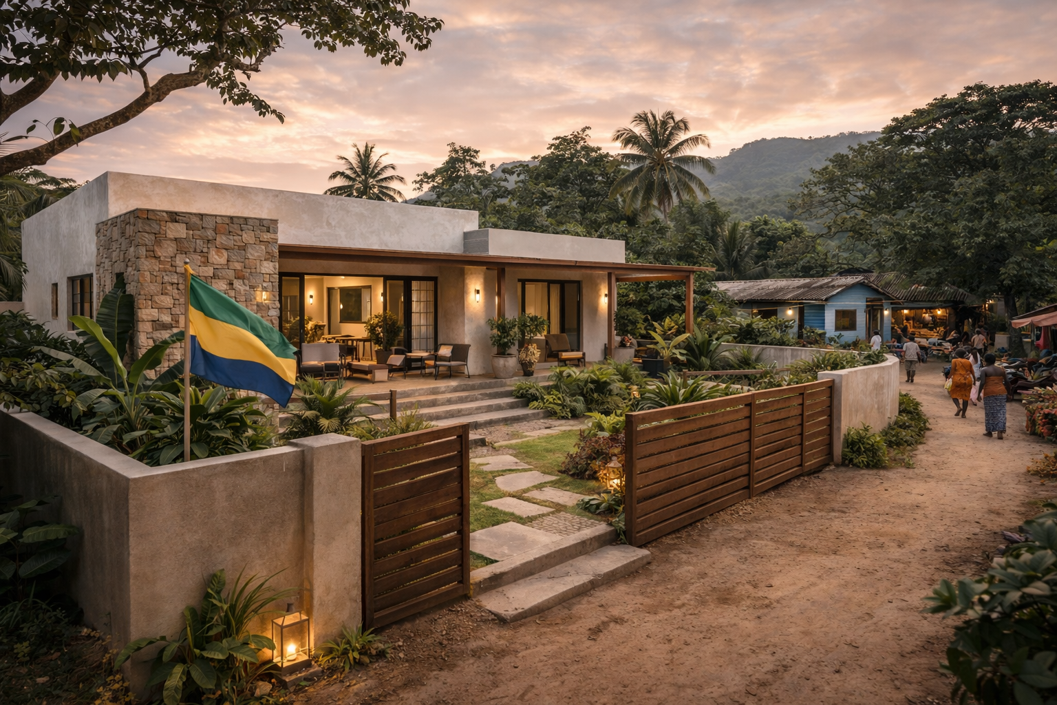Maison contemporaine de standing au Gabon, architecture moderne avec matériaux naturels, jardin paysager et intégration harmonieuse dans un quartier de vie authentique.