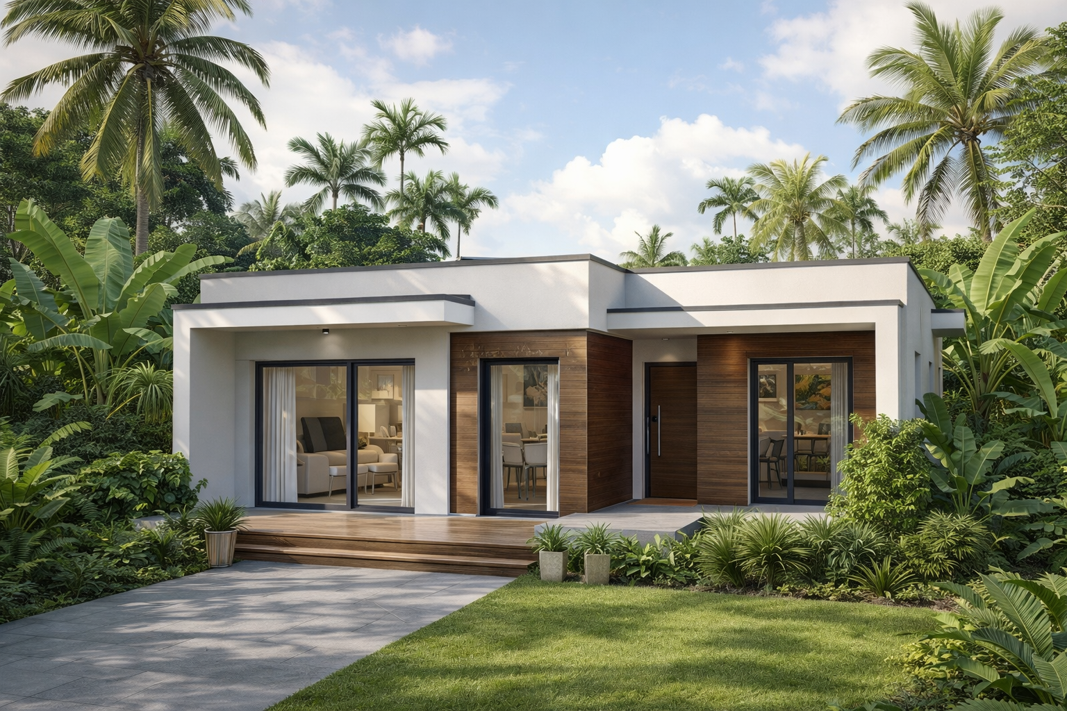 Maison moderne de plain-pied à Libreville au Gabon, photographiée de jour, avec façade contemporaine blanche et bois, grandes baies vitrées, terrasse en bois et végétation tropicale luxuriante composée de palmiers et plantes exotiques.