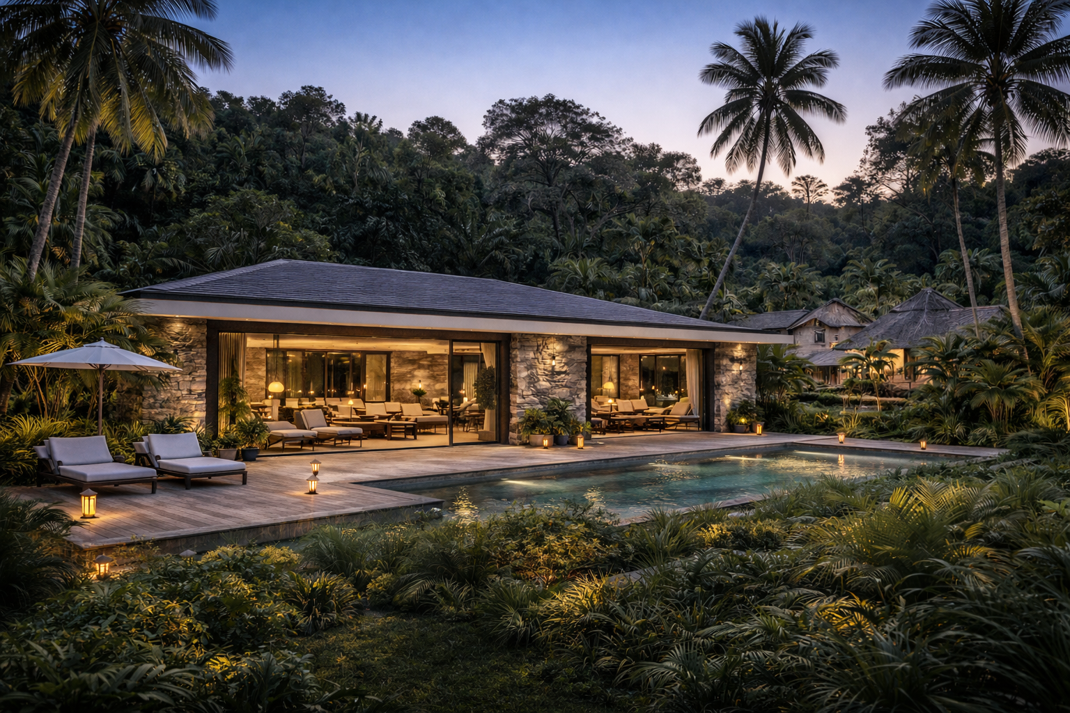 Photographie architecturale d’une maison de plain-pied haut de gamme construite dans un village au Gabon, mêlant architecture contemporaine, matériaux naturels, ouverture sur l’extérieur et intégration harmonieuse dans un environnement tropical et local.
