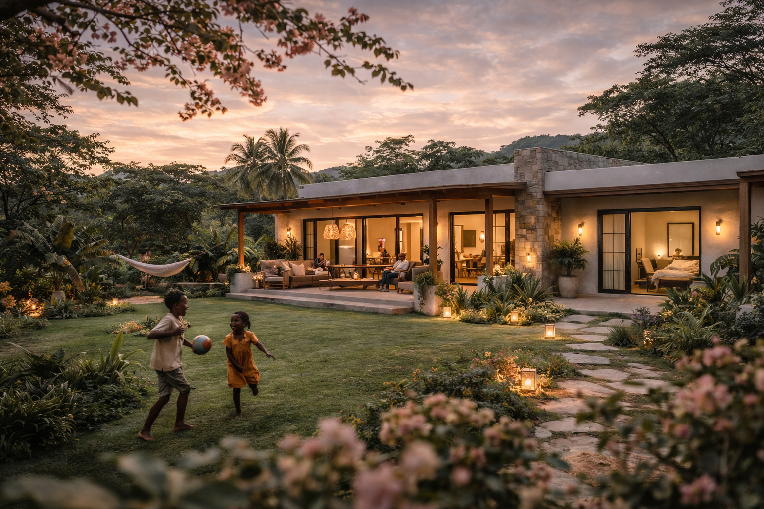 Maison familiale de luxe avec grand jardin tropical, espaces de vie ouverts, éclairage chaleureux et architecture contemporaine adaptée au climat gabonais.