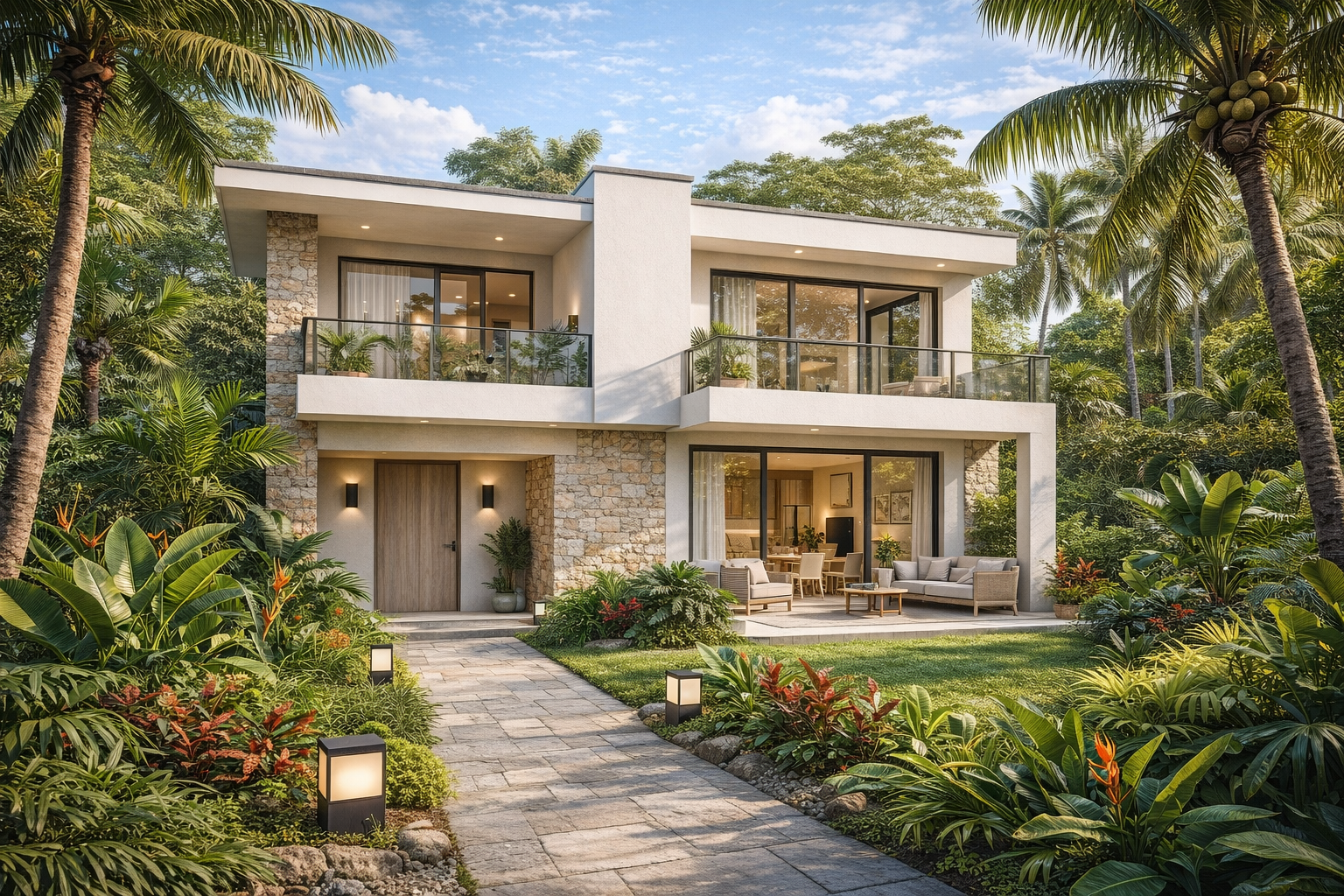 Photographie extérieure réaliste d’une résidence contemporaine haut de gamme à Libreville, au Gabon, entourée d’une végétation tropicale luxuriante, avec façade moderne en pierre naturelle, grandes baies vitrées et terrasse élégante intégrée au paysage.