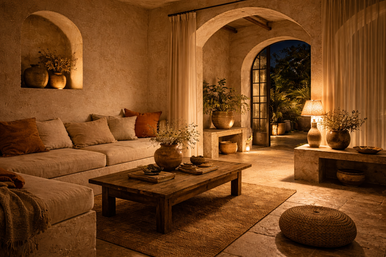 Salon haut de gamme à l’architecture méditerranéenne avec arches en pierre, canapé en lin naturel, table basse en bois brut et éclairage tamisé, ouvrant sur une terrasse végétalisée dans une atmosphère chaleureuse et intimiste.