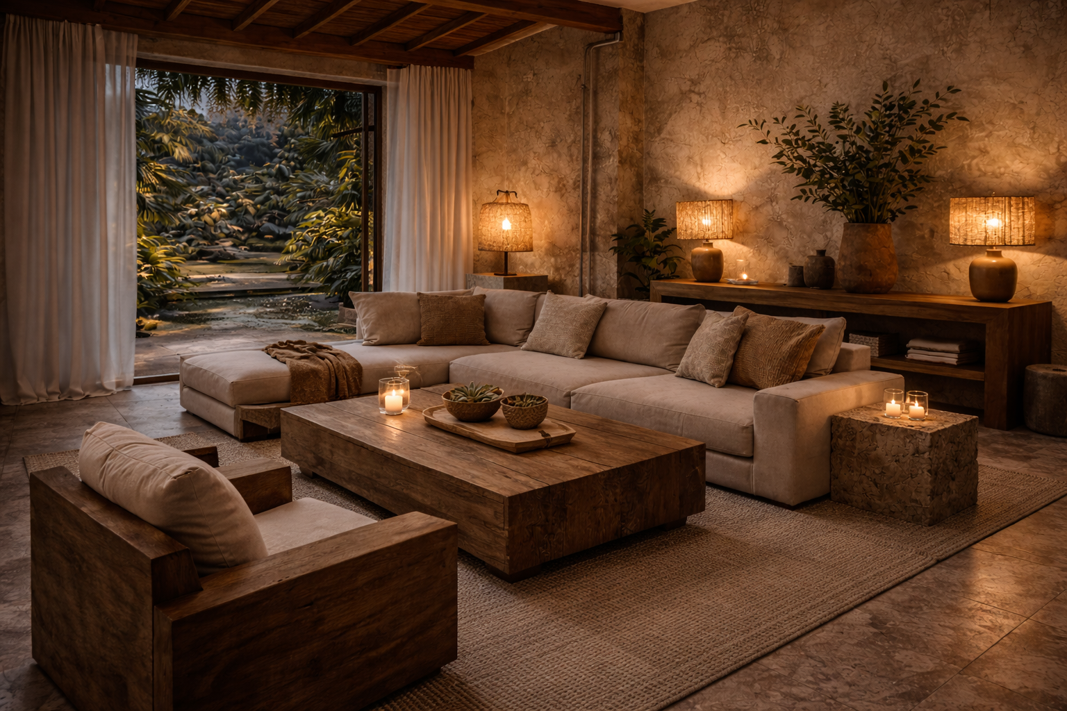Salon de villa de luxe au Gabon, décoration intérieure haut de gamme aux matériaux naturels, mobilier en bois massif, éclairage tamisé et ouverture sur un jardin tropical, offrant une atmosphère chaleureuse et exclusive.