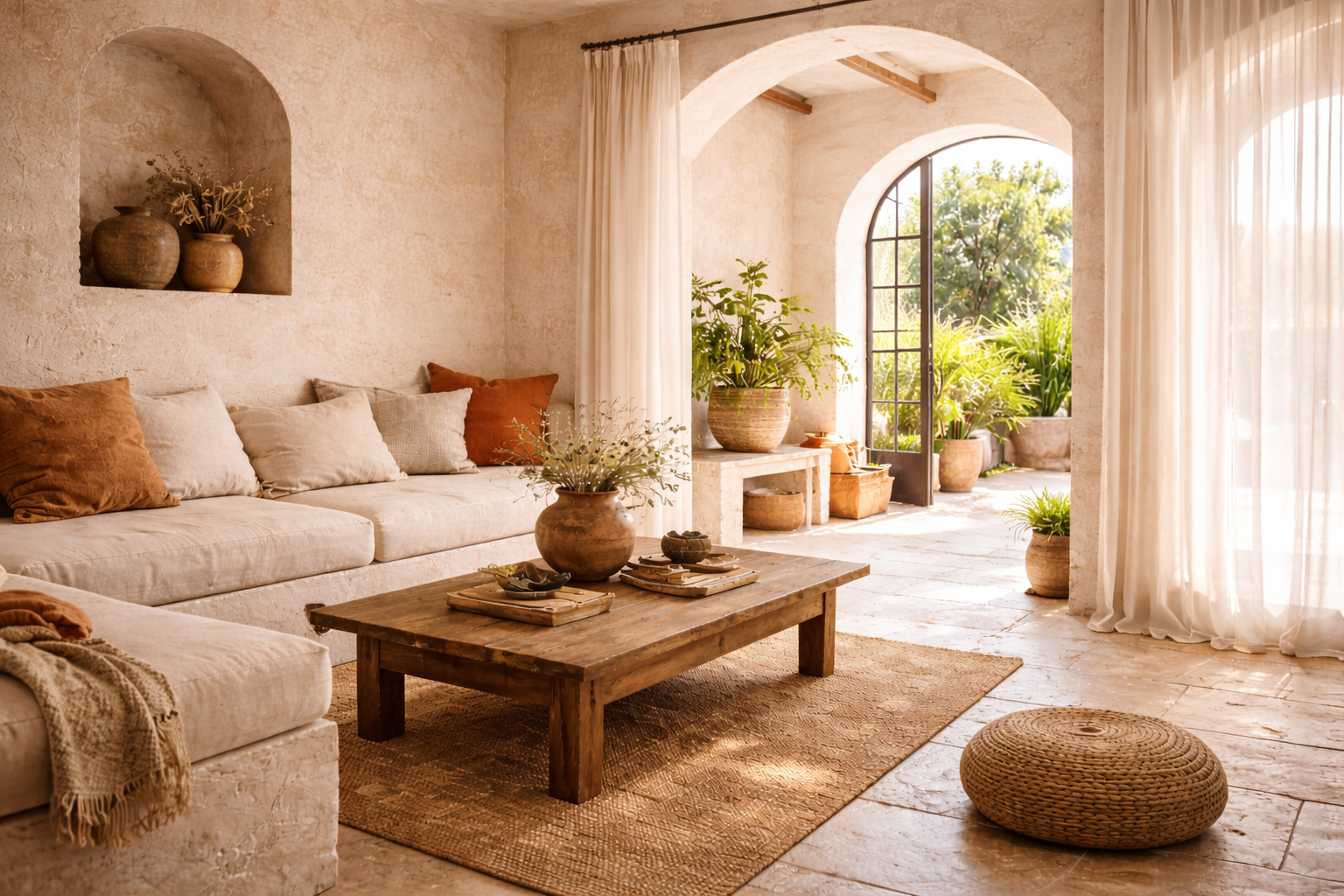 Salon lumineux de style méditerranéen avec arches en pierre, mobilier en matières naturelles, canapé en lin clair et table basse en bois, largement ouvert sur une terrasse verdoyante baignée de lumière naturelle.