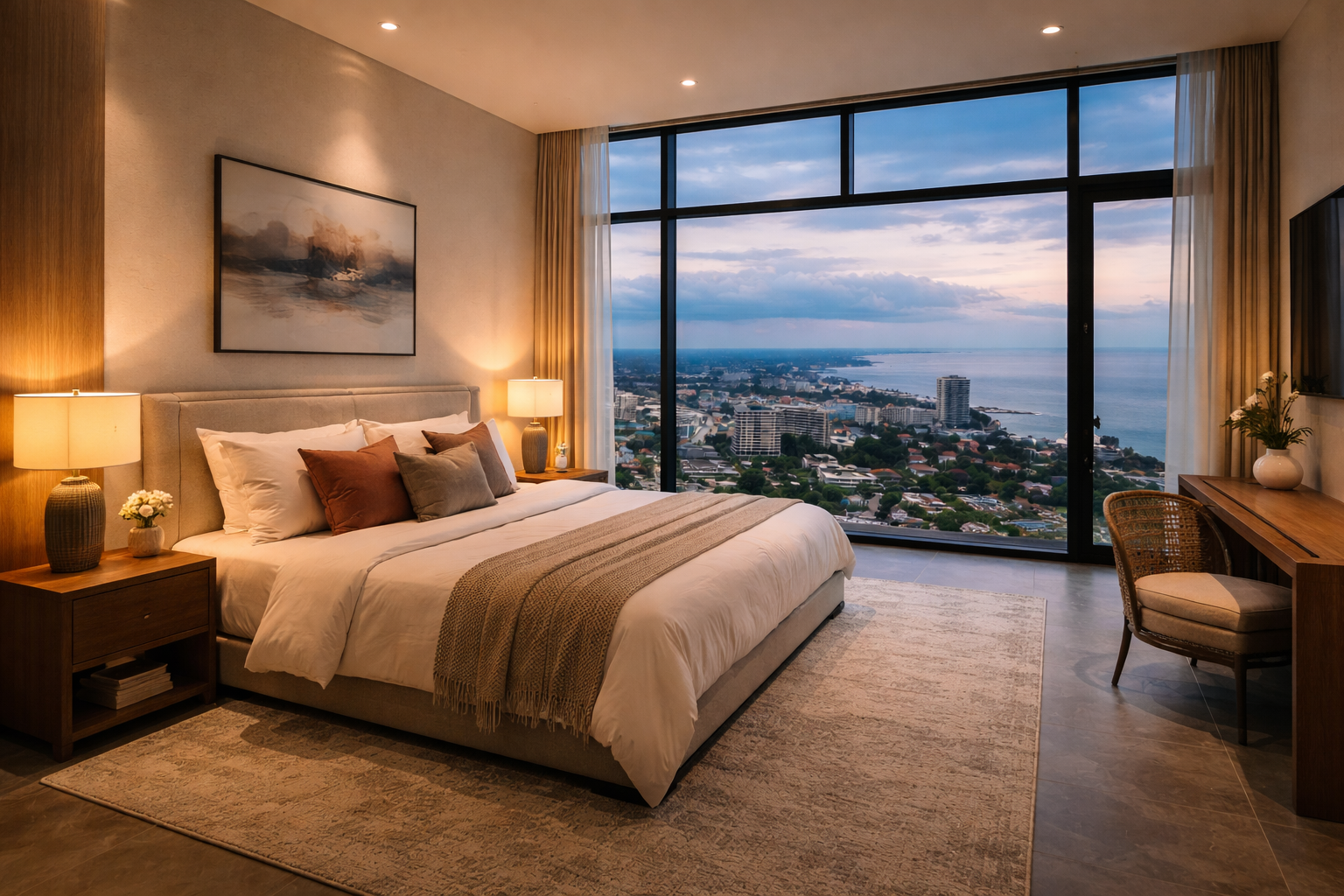 Photographie d’une chambre contemporaine haut de gamme située en hauteur à Libreville, avec grandes baies vitrées offrant une vue panoramique sur la ville et l’océan Atlantique, décorée dans des tons chauds et naturels, illustrant un cadre de vie paisible, élégant et premium au Gabon.