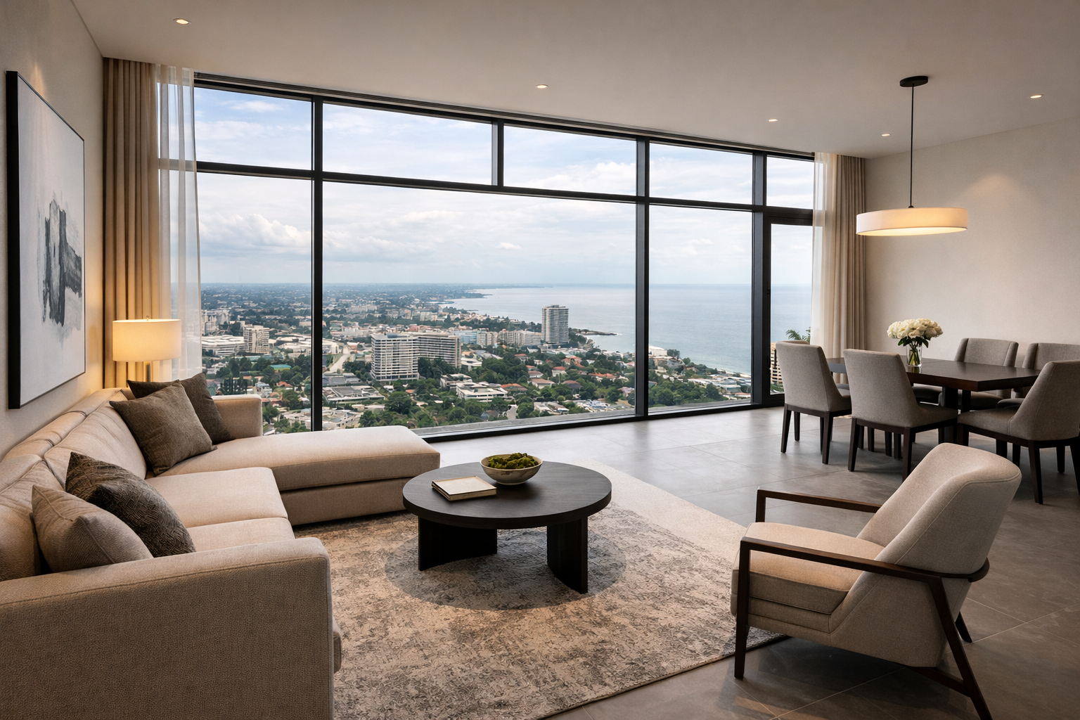 Photographie de l’intérieur d’un appartement contemporain haut de gamme à Libreville, avec salon ouvert et grandes baies vitrées offrant une vue panoramique sur la ville et l’océan Atlantique, illustrant un cadre de vie élégant, lumineux et premium au Gabon.
