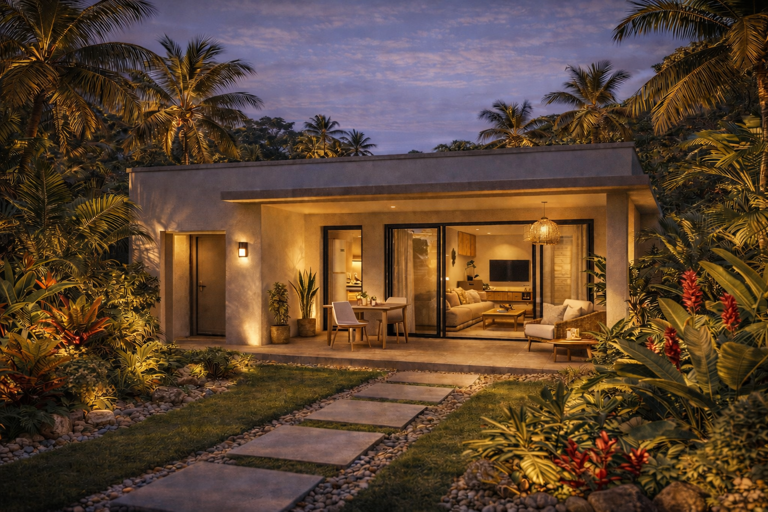 Villa moderne haut de gamme à Libreville au crépuscule, éclairage architectural doux, terrasse élégante aménagée et intégration harmonieuse dans un jardin tropical dense.