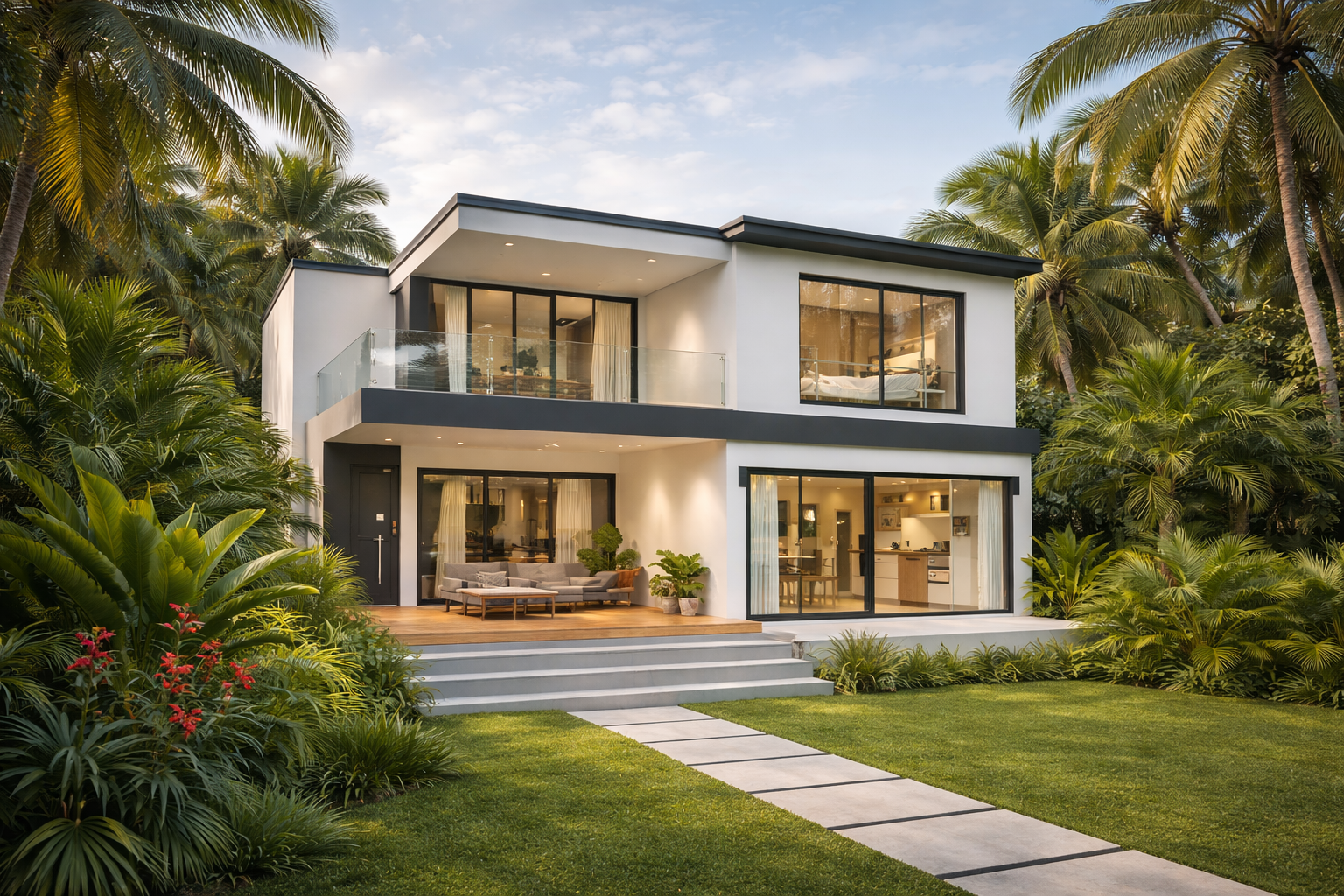 Maison moderne à deux étages à Libreville, au Gabon, avec architecture contemporaine, larges baies vitrées, terrasse en bois et végétation tropicale luxuriante, intégrée dans un environnement naturel haut de gamme.