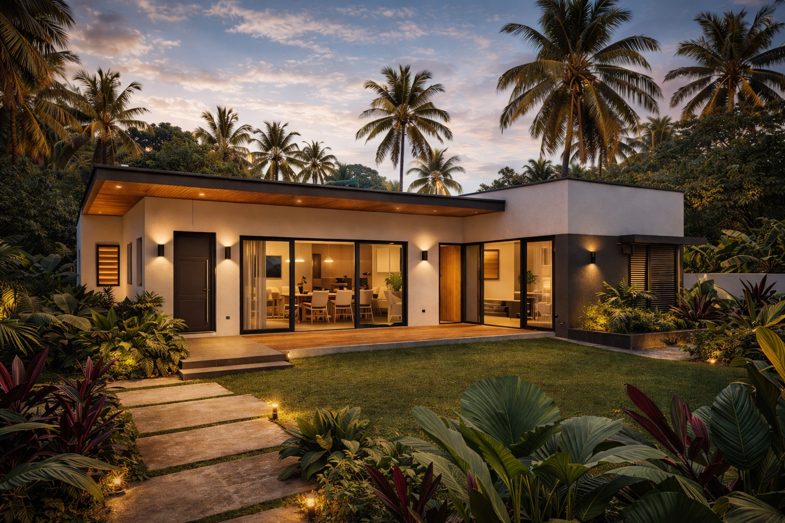 Vue extérieure d’une maison moderne haut de gamme à Libreville au coucher du soleil, intégrée dans une végétation tropicale, avec éclairage architectural chaleureux, matériaux nobles et design contemporain.