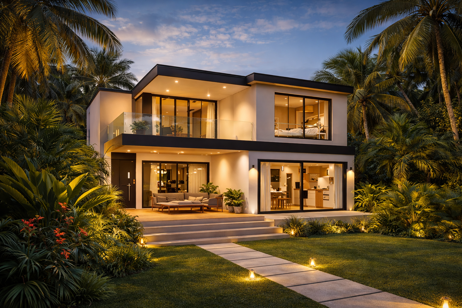 Villa contemporaine premium à Libreville, Gabon, vue extérieure au crépuscule, éclairage architectural chaleureux, matériaux nobles, terrasse élégante et jardin tropical, incarnation d’un art de vivre haut de gamme.