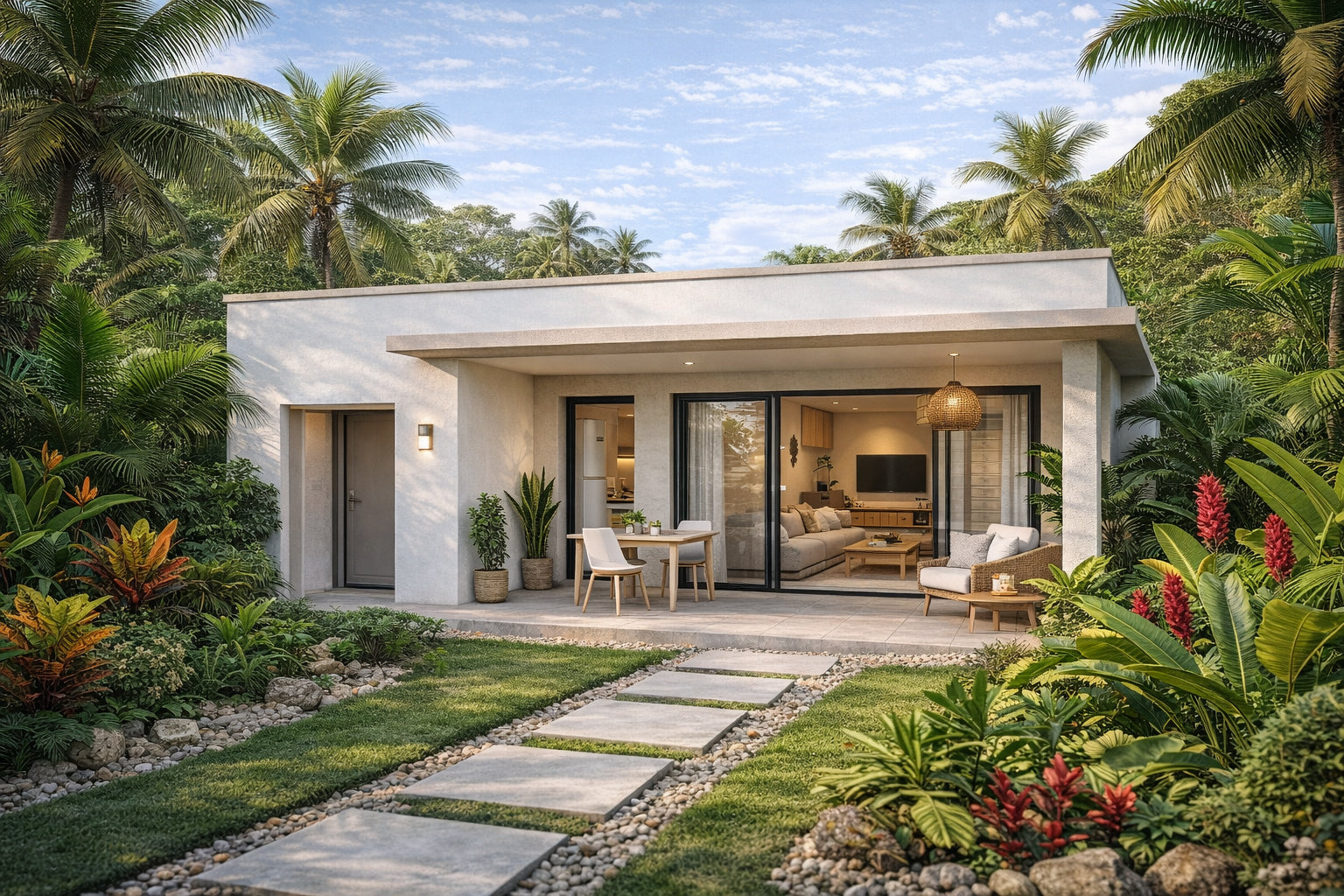 Maison contemporaine de plain-pied à Libreville, entourée de végétation tropicale luxuriante, avec terrasse couverte, larges baies vitrées et lumière naturelle douce en fin de journée.