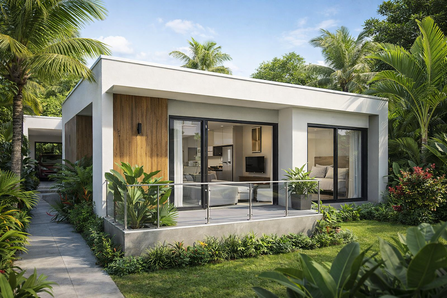 Maison moderne de plain-pied à l’architecture contemporaine, entourée de végétation tropicale luxuriante à Libreville au Gabon, avec terrasse, larges baies vitrées et design élégant adapté à un habitat premium.