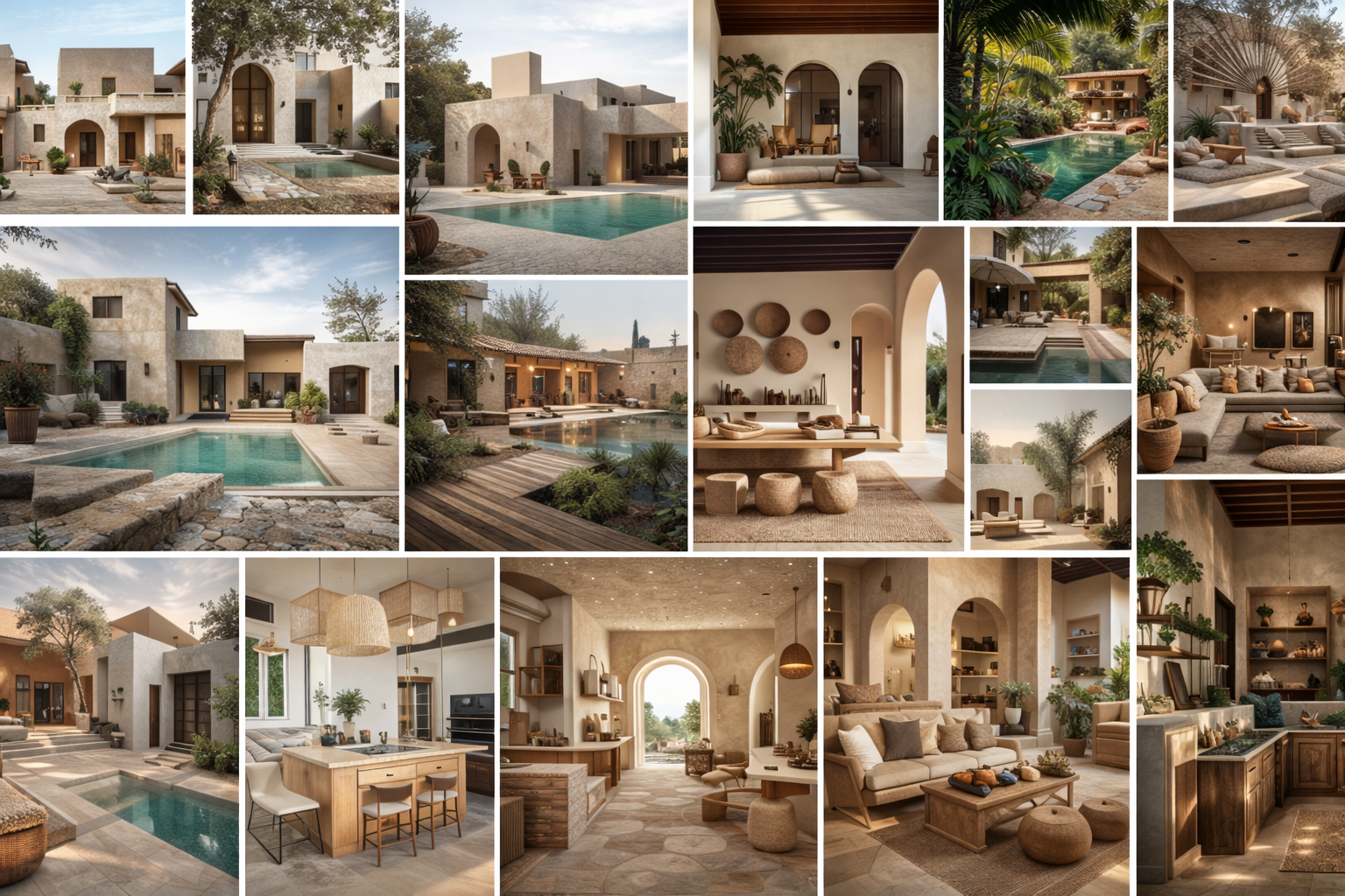 Villa contemporaine en enduit minéral clair avec arches méditerranéennes, patio central et mobilier extérieur en matières naturelles, intégrée dans un environnement végétalisé.