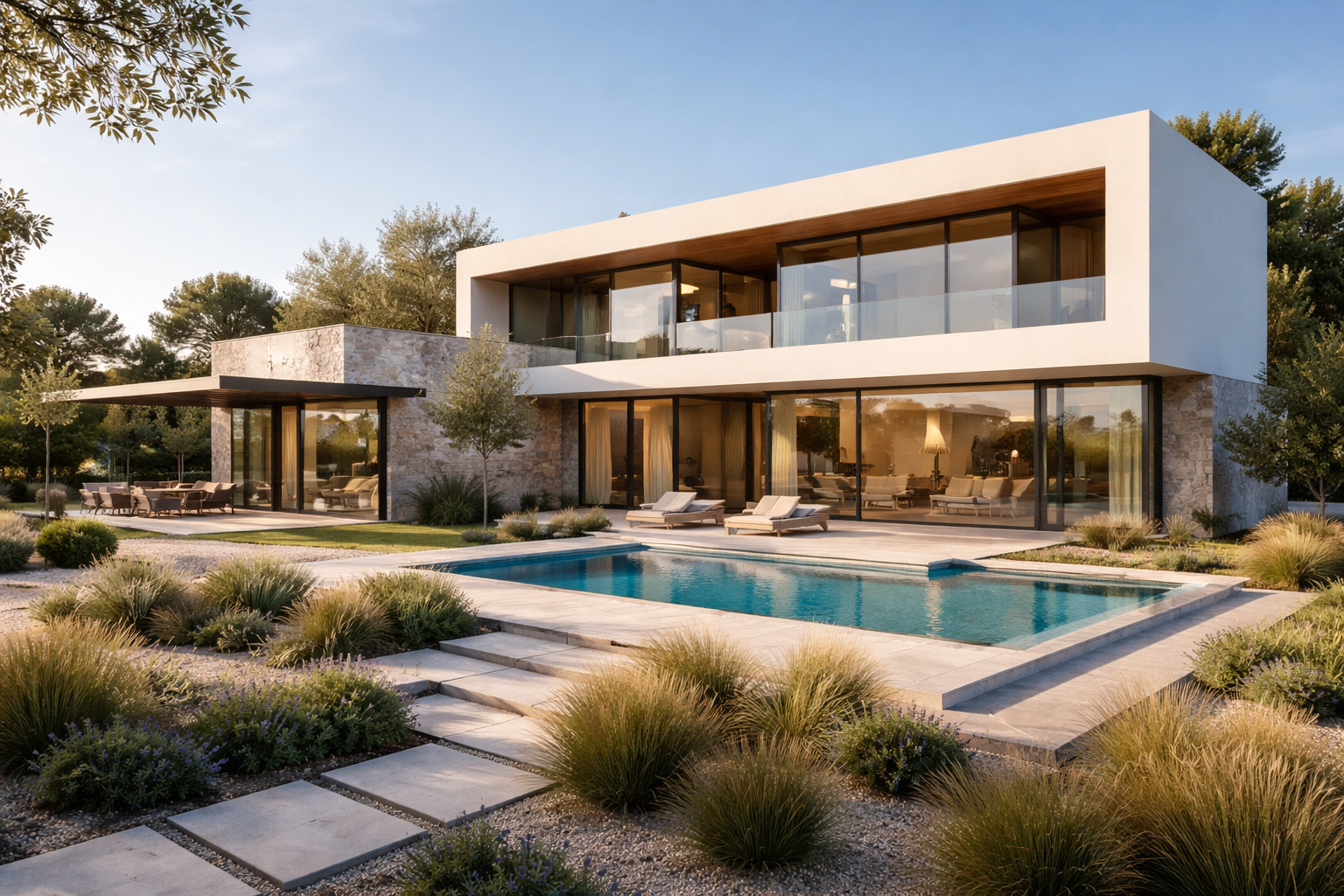 Photographie extérieure d’une villa contemporaine d’architecte aux lignes épurées, avec grandes baies vitrées, piscine moderne et jardin paysager, baignée par une lumière naturelle douce en fin de journée.