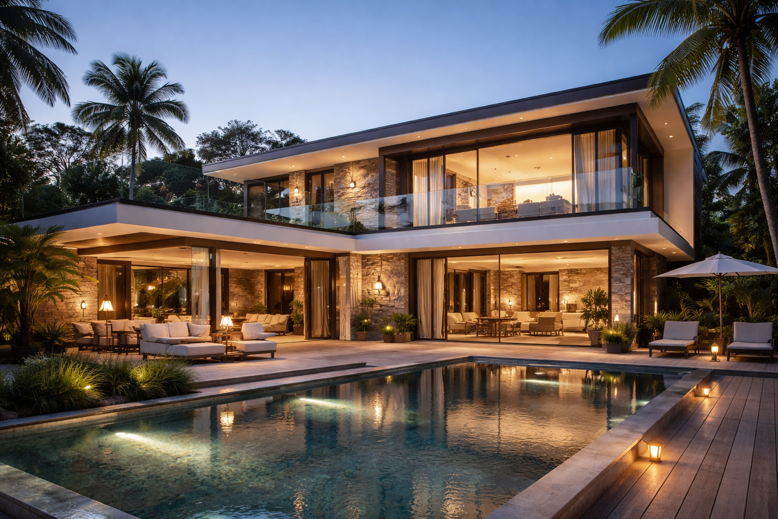 Photographie architecturale d’une villa contemporaine haut de gamme avec piscine, grandes baies vitrées et éclairage chaleureux au crépuscule, intégrée dans un environnement tropical luxuriant, illustrant un projet immobilier de standing premium.