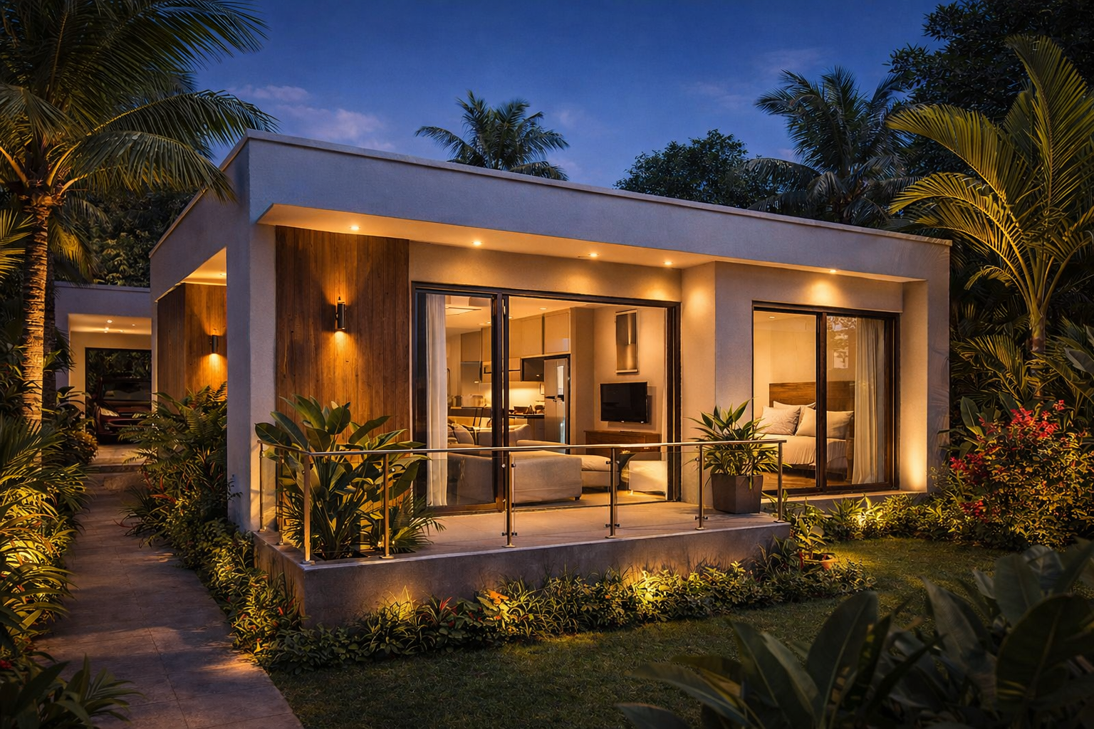 Villa moderne et premium à Libreville au Gabon, mise en valeur par un éclairage chaleureux au crépuscule, intégrée dans un jardin tropical, avec matériaux nobles, lignes épurées et ambiance haut de gamme.