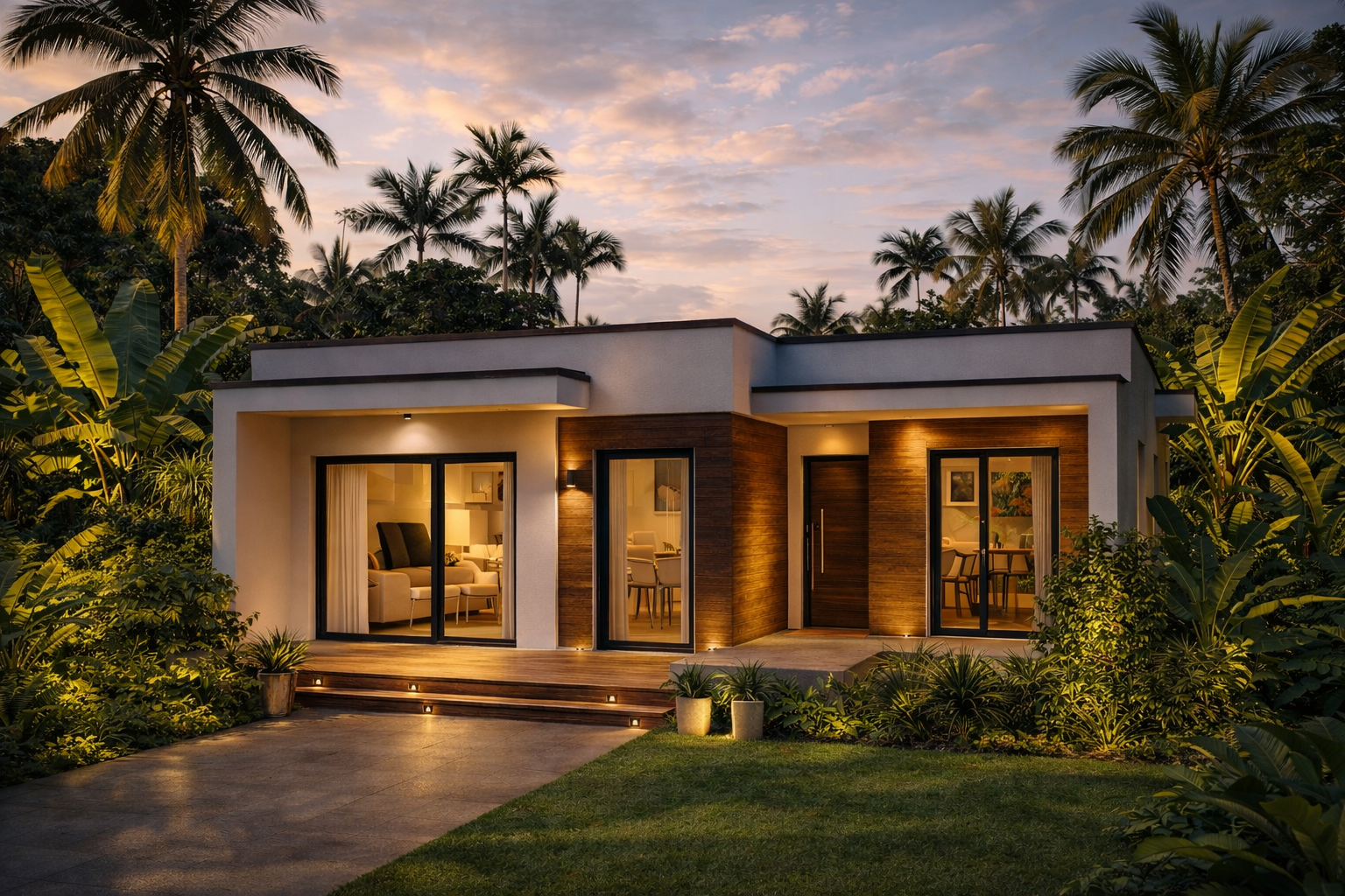 Maison contemporaine haut de gamme à Libreville, photographiée en lumière du soir, avec éclairage chaleureux, façade moderne en bois et enduit clair, grandes ouvertures vitrées et jardin tropical luxuriant créant une ambiance premium et accueillante.