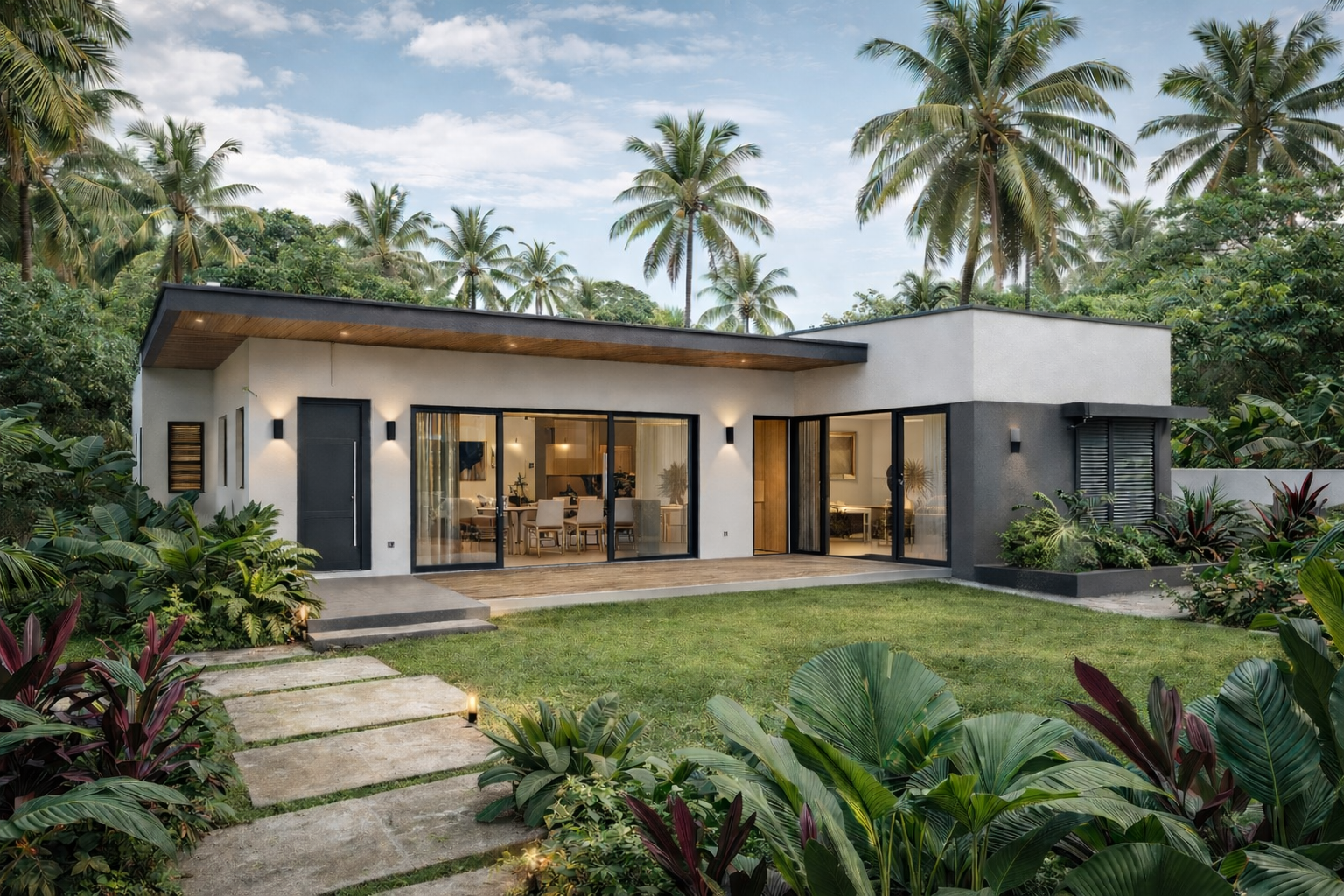 Maison contemporaine de plain-pied à Libreville, au Gabon, avec architecture moderne, grandes baies vitrées, toiture plate, finitions bois et jardin tropical luxuriant, conçue selon des standards premium.