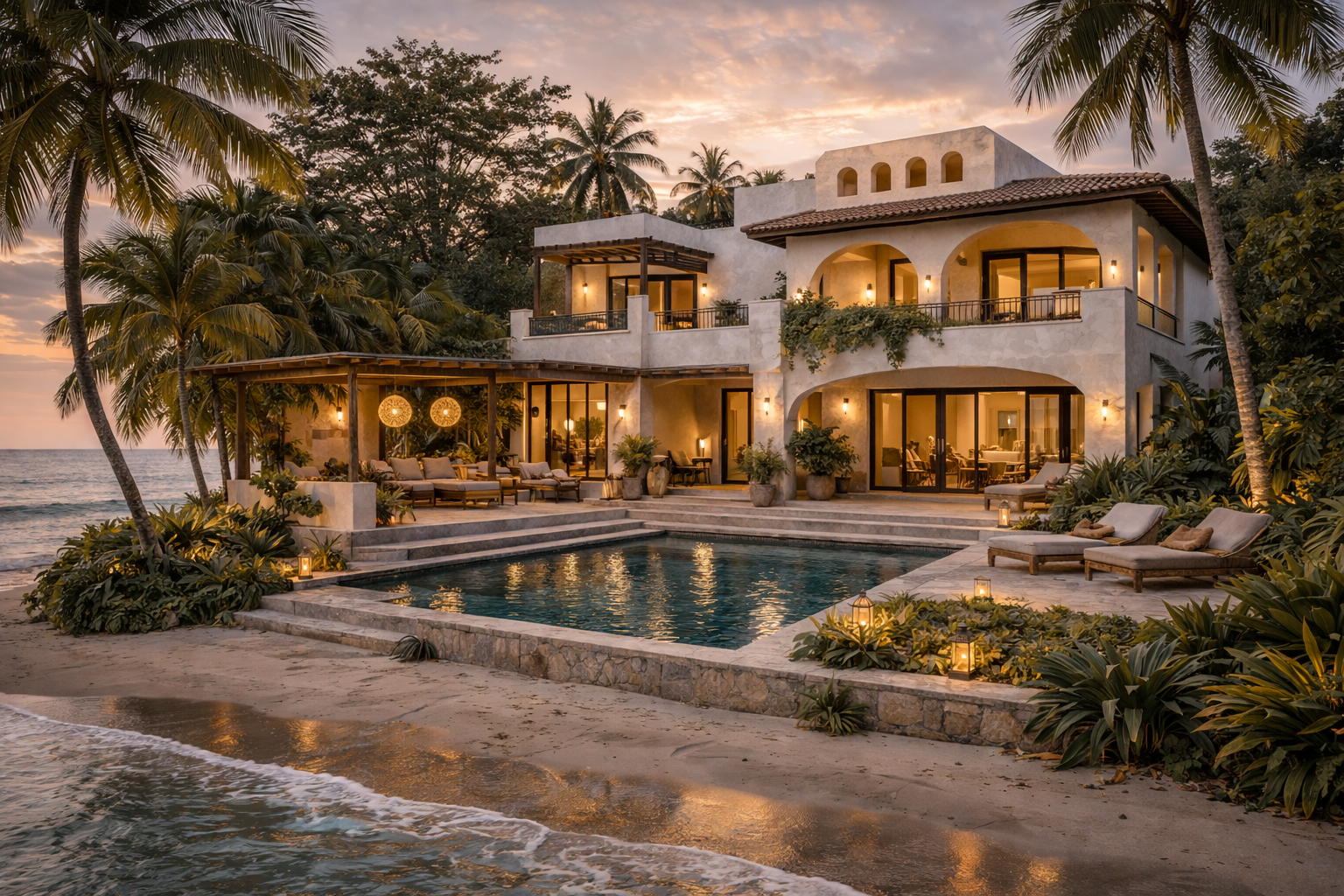 Villa de luxe en bord de mer avec piscine à débordement, architecture tropicale élégante, terrasses ouvertes et intégration paysagère, idéale pour un projet immobilier haut de gamme au Gabon.