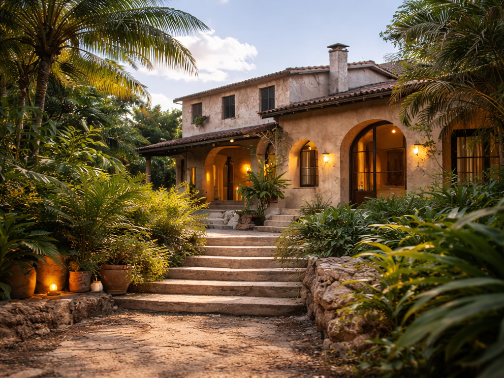 Villa de standing à l’architecture méditerranéenne avec façade en pierre claire, arches élégantes et escalier central, entourée d’une végétation tropicale luxuriante, baignée de lumière naturelle et ouverte sur un jardin paysager.