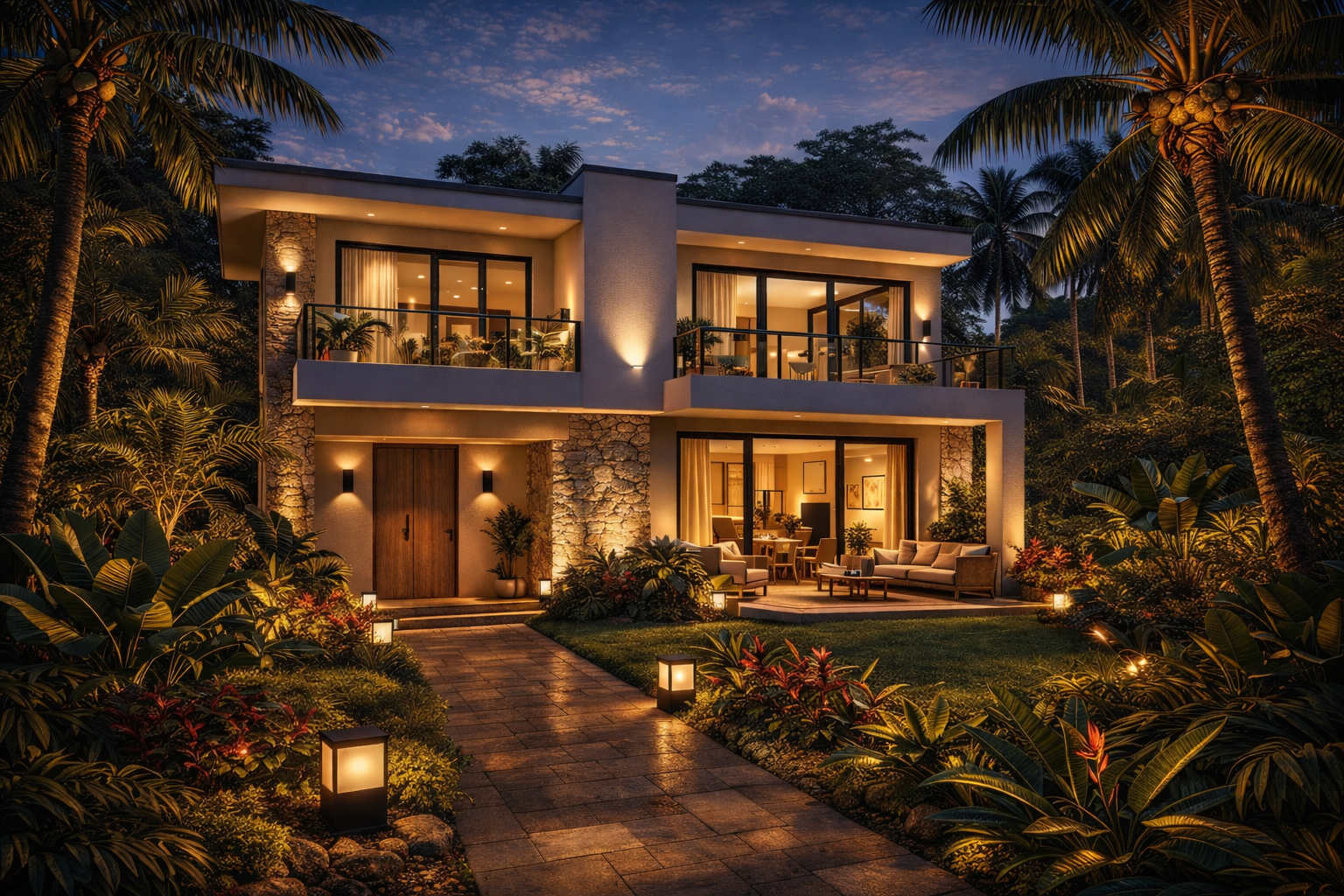 Vue extérieure réaliste d’une villa moderne à Libreville, au Gabon, à la tombée du jour, avec éclairage architectural doux, matériaux nobles, jardin tropical dense et ambiance premium pensée pour un art de vivre élégant et apaisant.